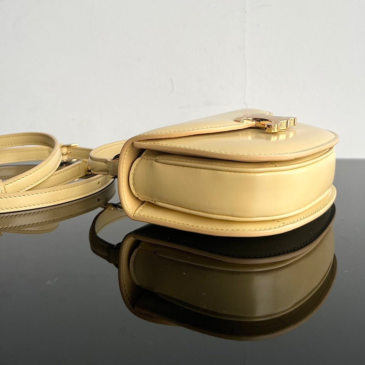 Triomphe Shiny Calfskin Handbag 18 Yellow Pastel