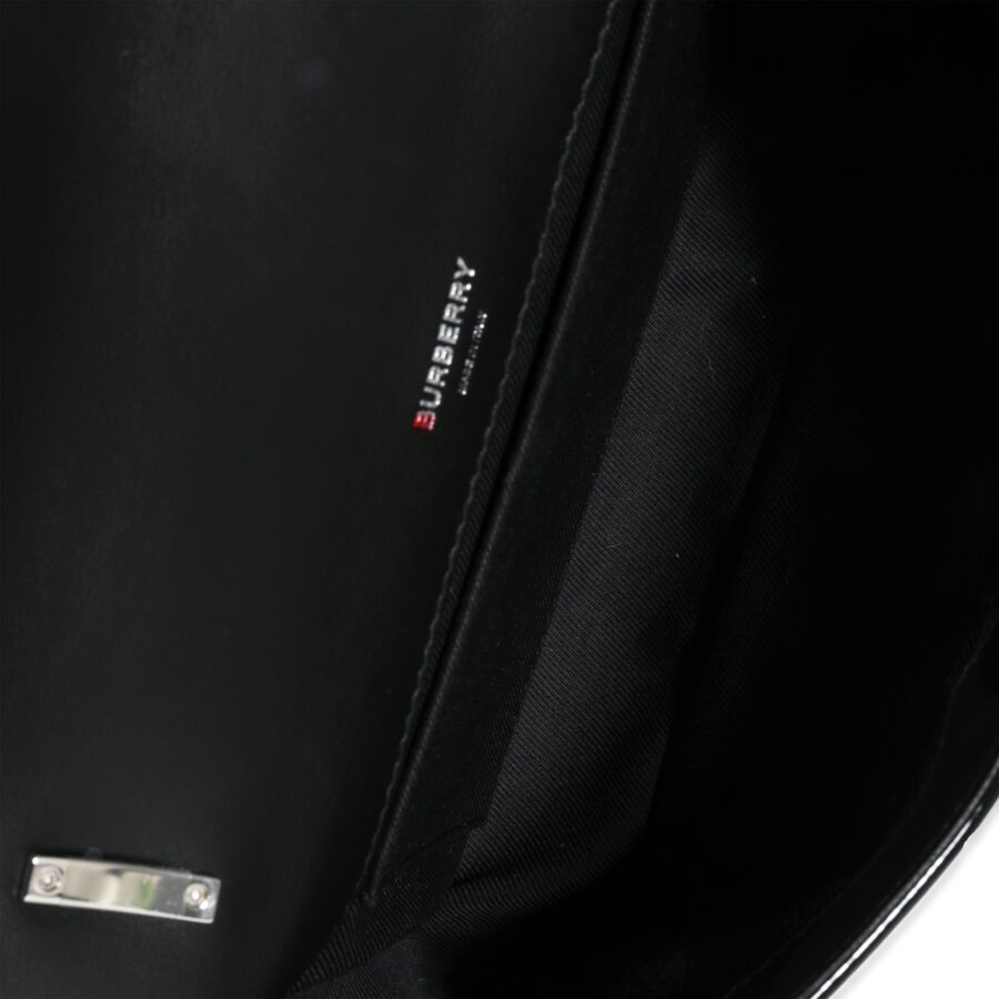 Burberry Black Patent Leather Tape Print Small Lola Bag | Studio Nafay