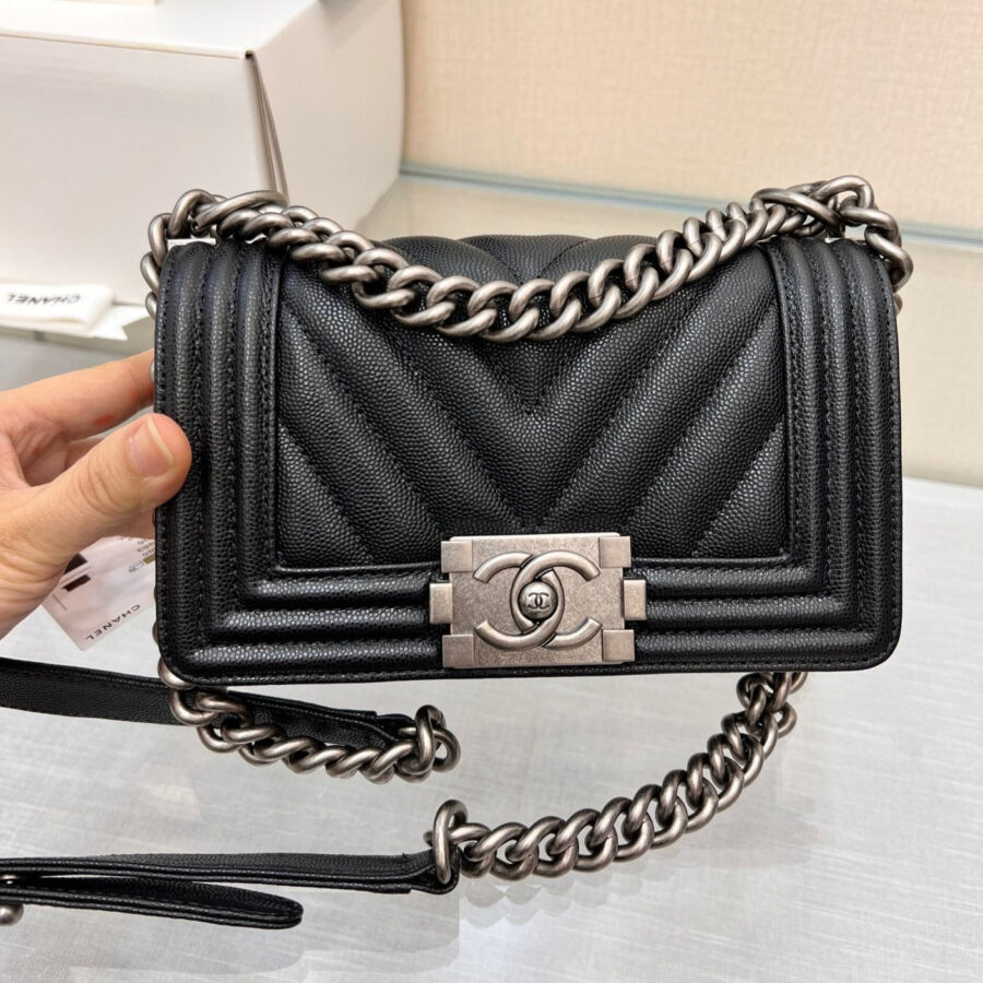 BOY BAG SMALL 20 BLACK CHEVRON CAVIAR RUTHENIUM HARDWARE | Studio Nafay