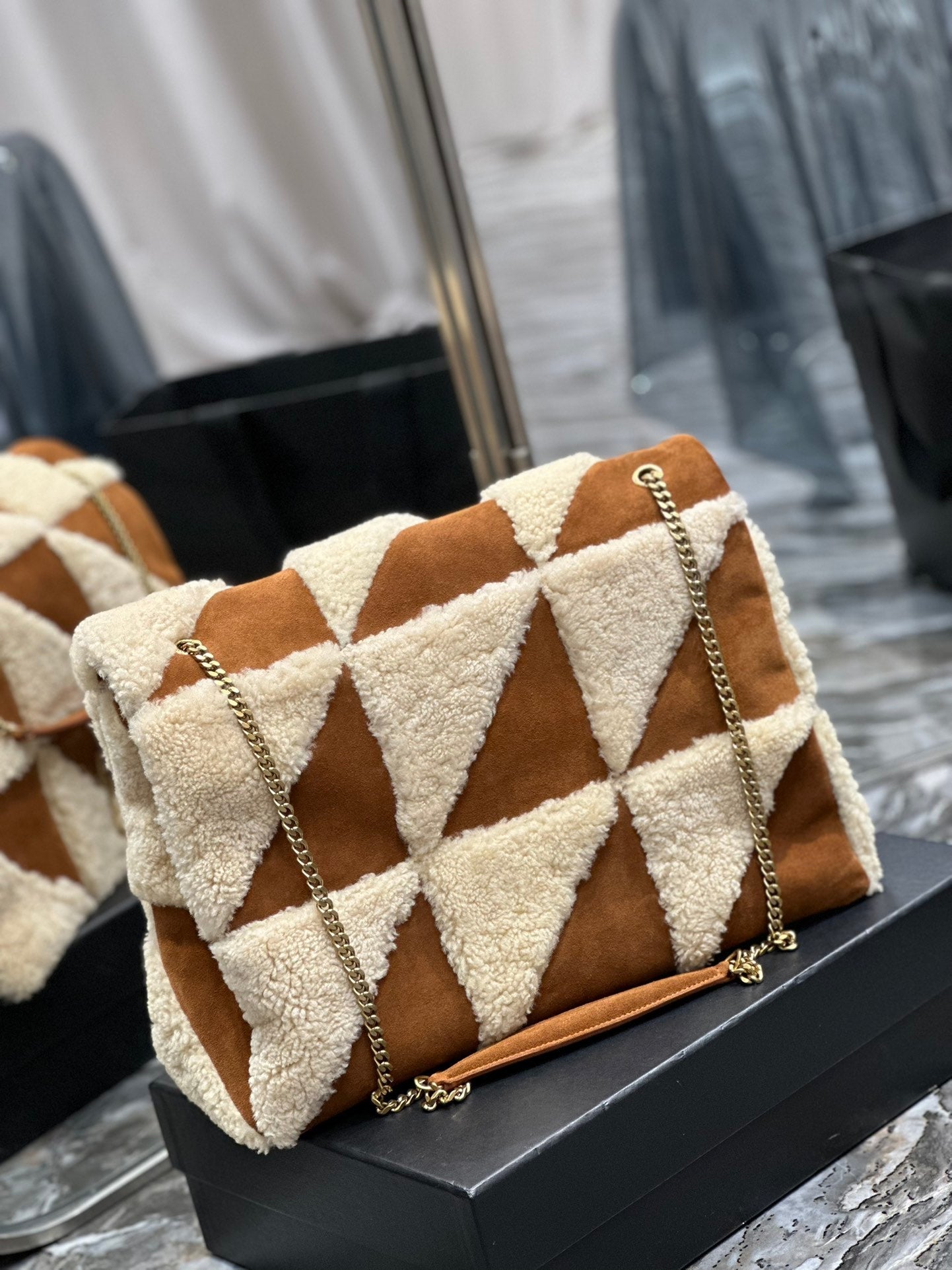 Jamie 4.3 Large BAG 38 IN Brown Suede MIX Beige Shearling GOLD Hard…