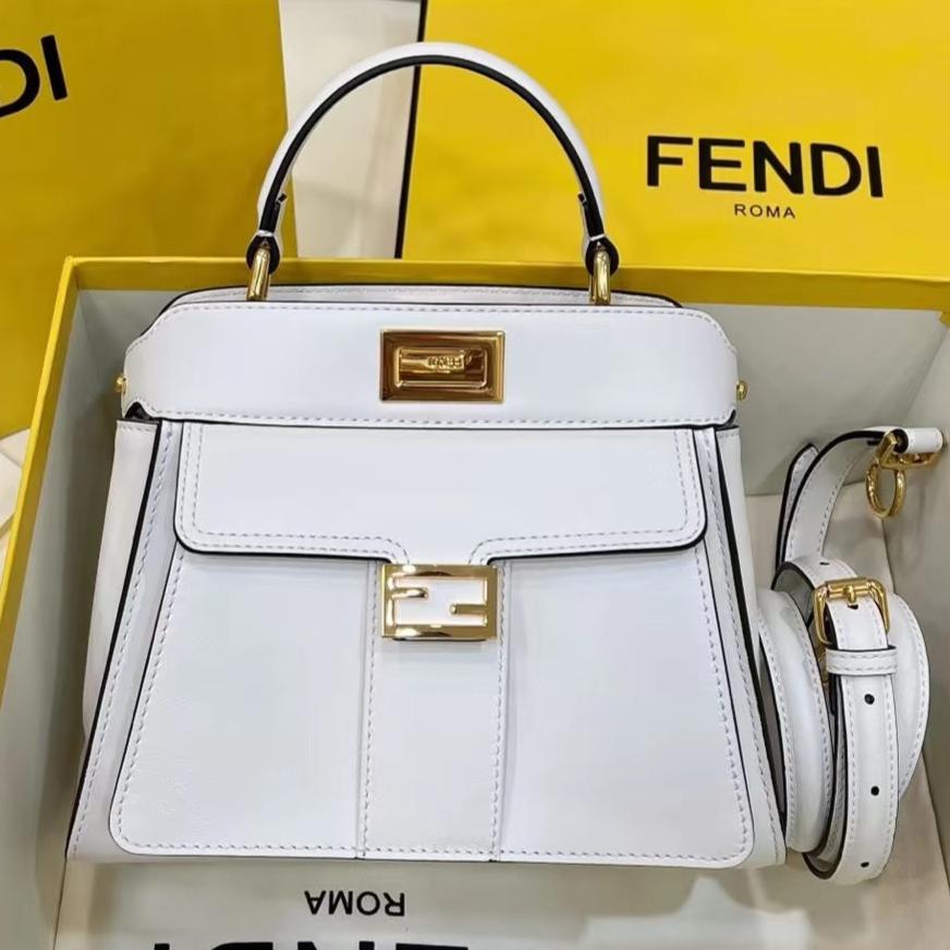 FENDI PEEKABOO MINI 23 BAG IN WHITE CALFSKIN WITH GOLD HARDWARE | Studio Nafay