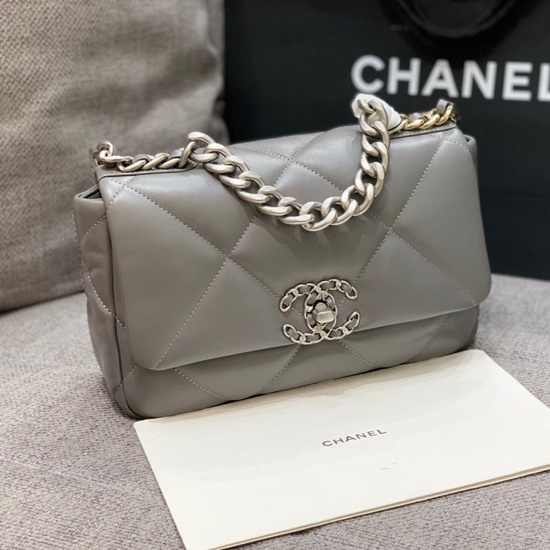 19 FLAP BAG 26 DARK GREY GOATSKIN SILVER HARDWARE | Studio Nafay