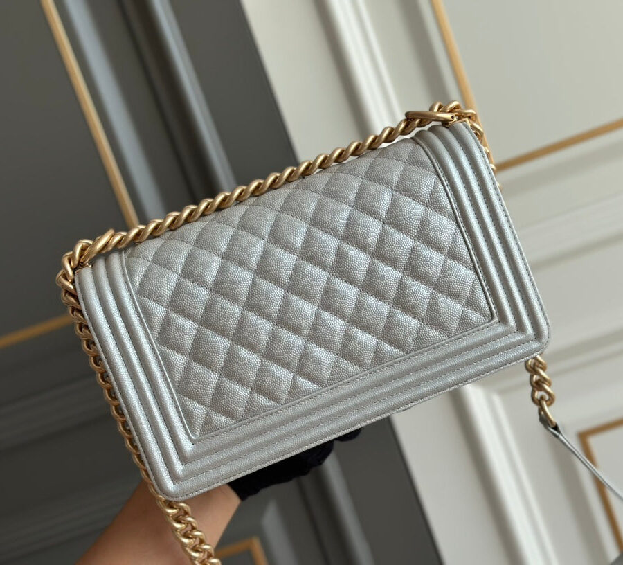 boy medium 25 grey quilted caviar aged gold hardware | Studio Nafay