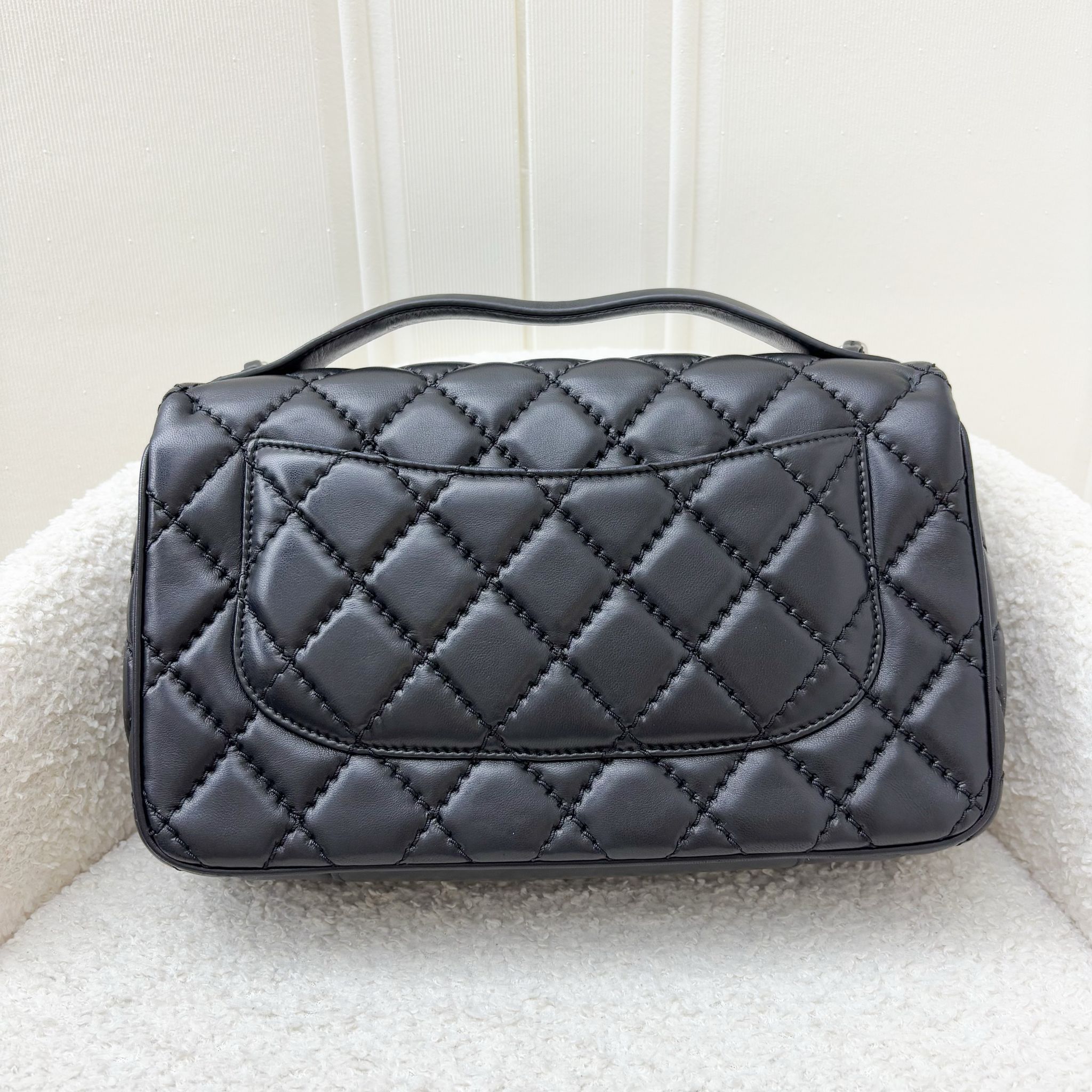 Chanel 15P Top Handle Flap Bag In Black Lambskin And SHW