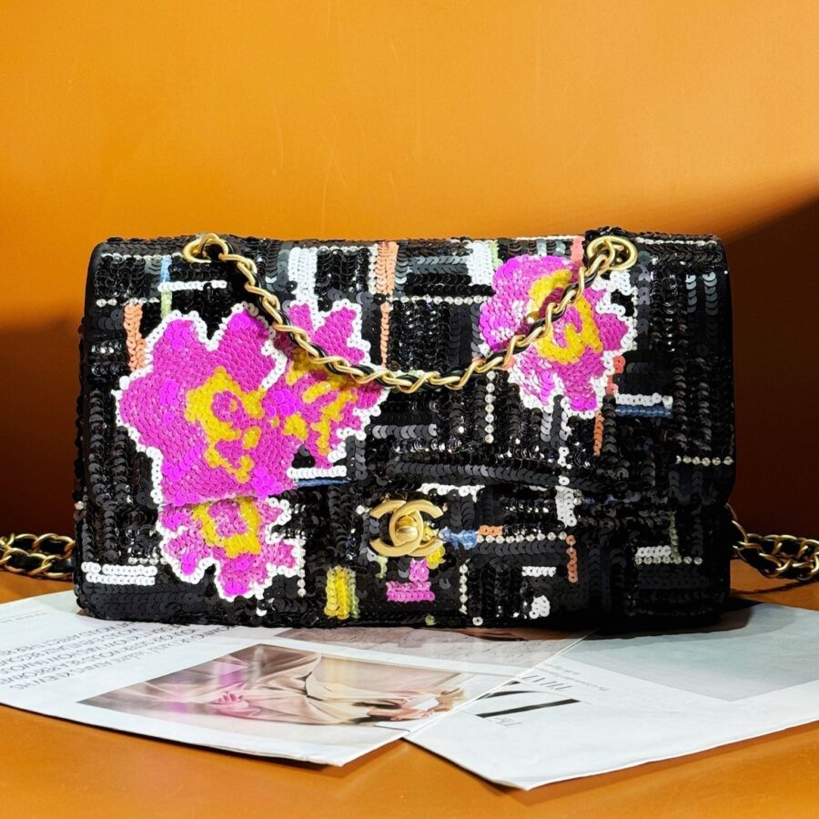 24S Flap Bag 25.5cm Black White Purple Sequin | Studio Nafay