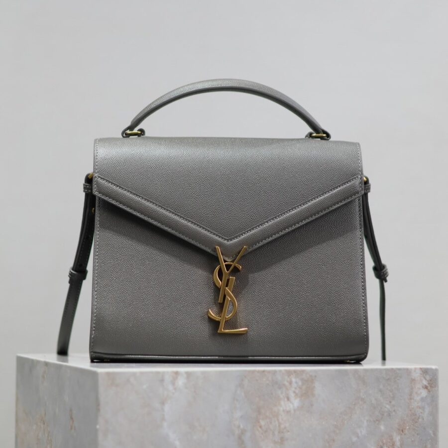 CASSANDRA TOP HANDLE BAG 24 IN GRAY CALFSKIN GOLD HARDWARE | Studio Nafay