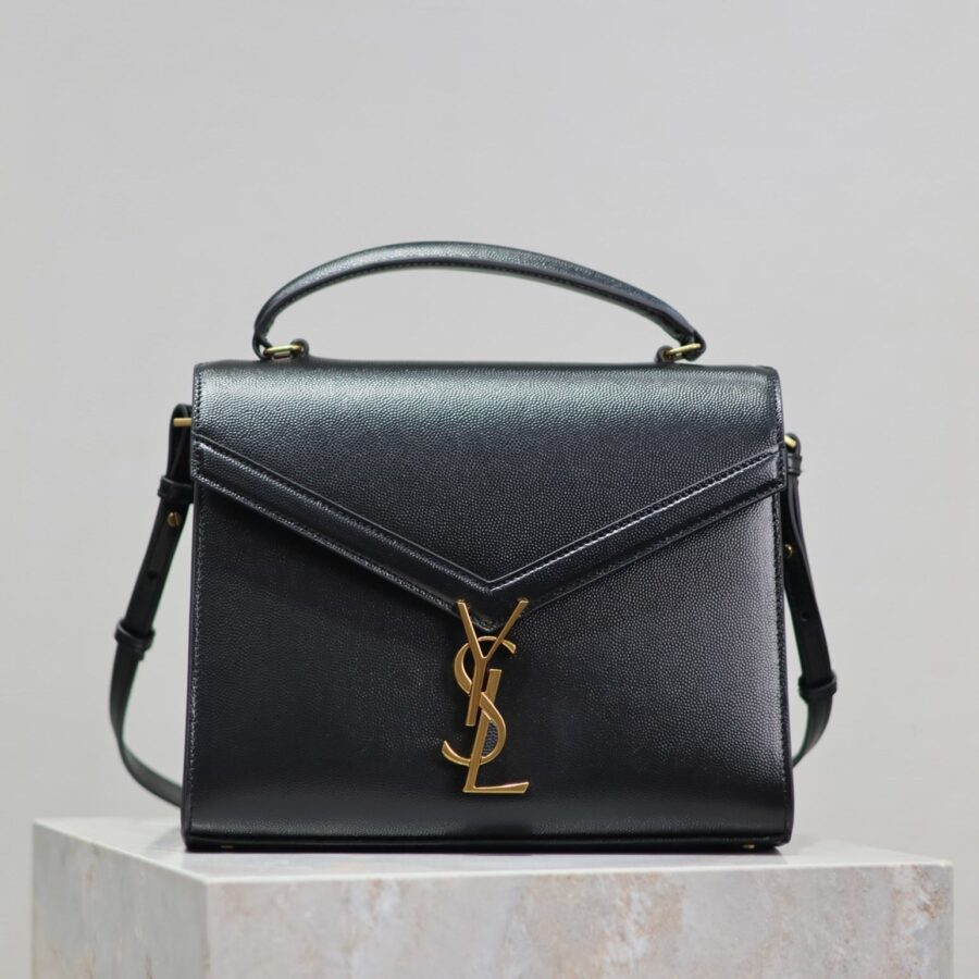CASSANDRA TOP HANDLE BAG 24 IN BLACK CALFSKIN GOLD HARDWARE | Studio Nafay