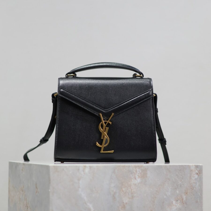 CASSANDRA MINI TOP HANDLE BAG 20 IN BLACK CALFSKIN GOLD HARDWARE | Studio Nafay