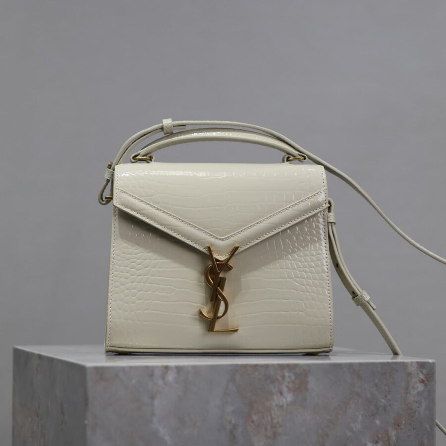 CASSANDRA MINI TOP HANDLE BAG 20 IN WHITE CROCODILE-EMBOSSED GLOSSY CALFSKIN | Studio Nafay