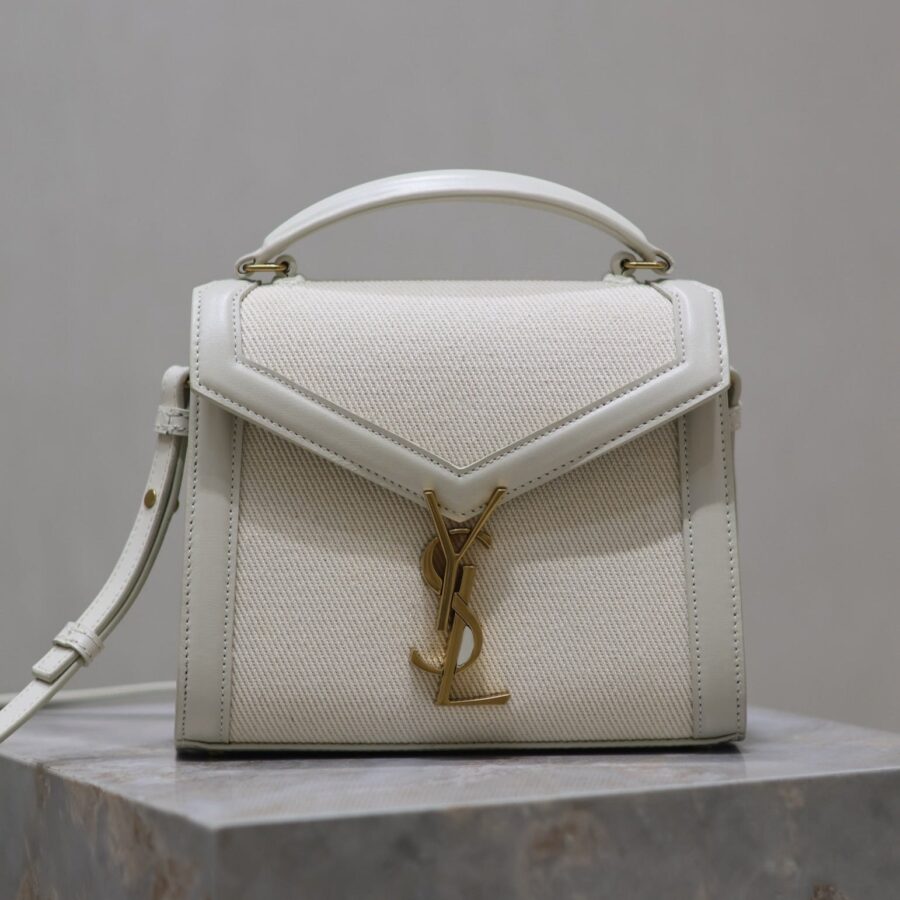 CASSANDRA MINI TOP HANDLE BAG 20 IN WHITE CANVAS AND LEATHER TRIM | Studio Nafay