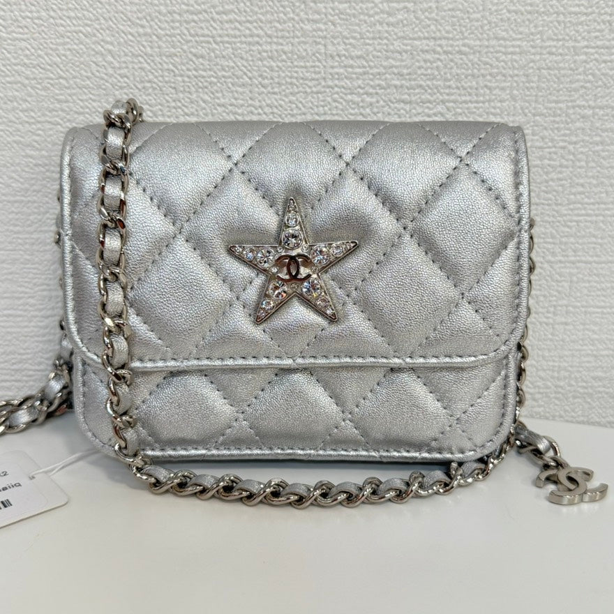 Chanel Mini Pouch On Chain FM Silver Quilted Leather Crossbody Bag