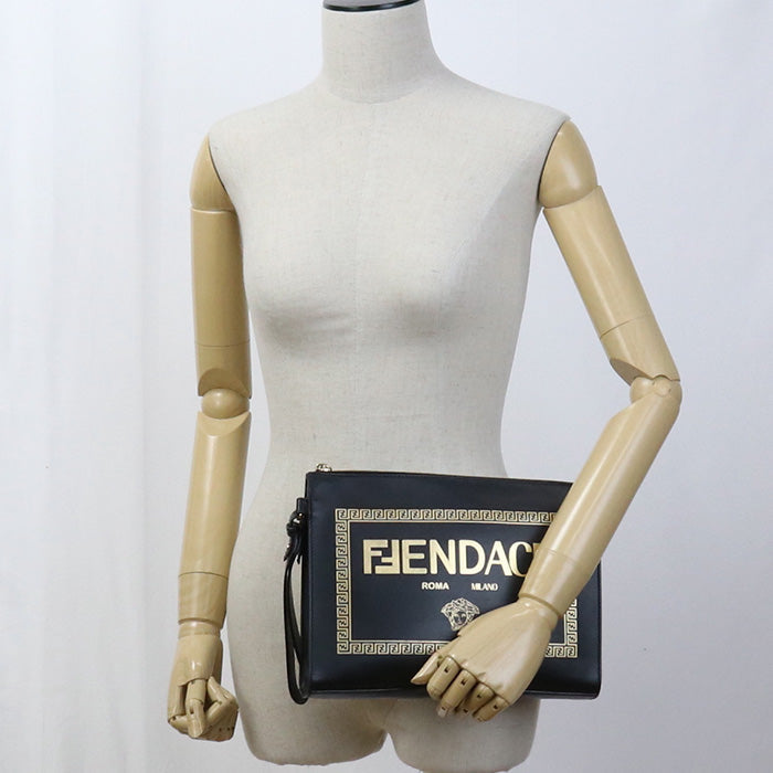 Fendi Clutch Bag Fendace Second Bag Leather Black Unisex